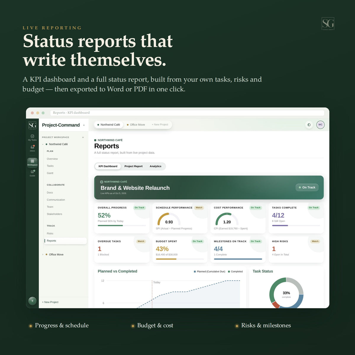 Project-Command live reporting: status reports that write themselves