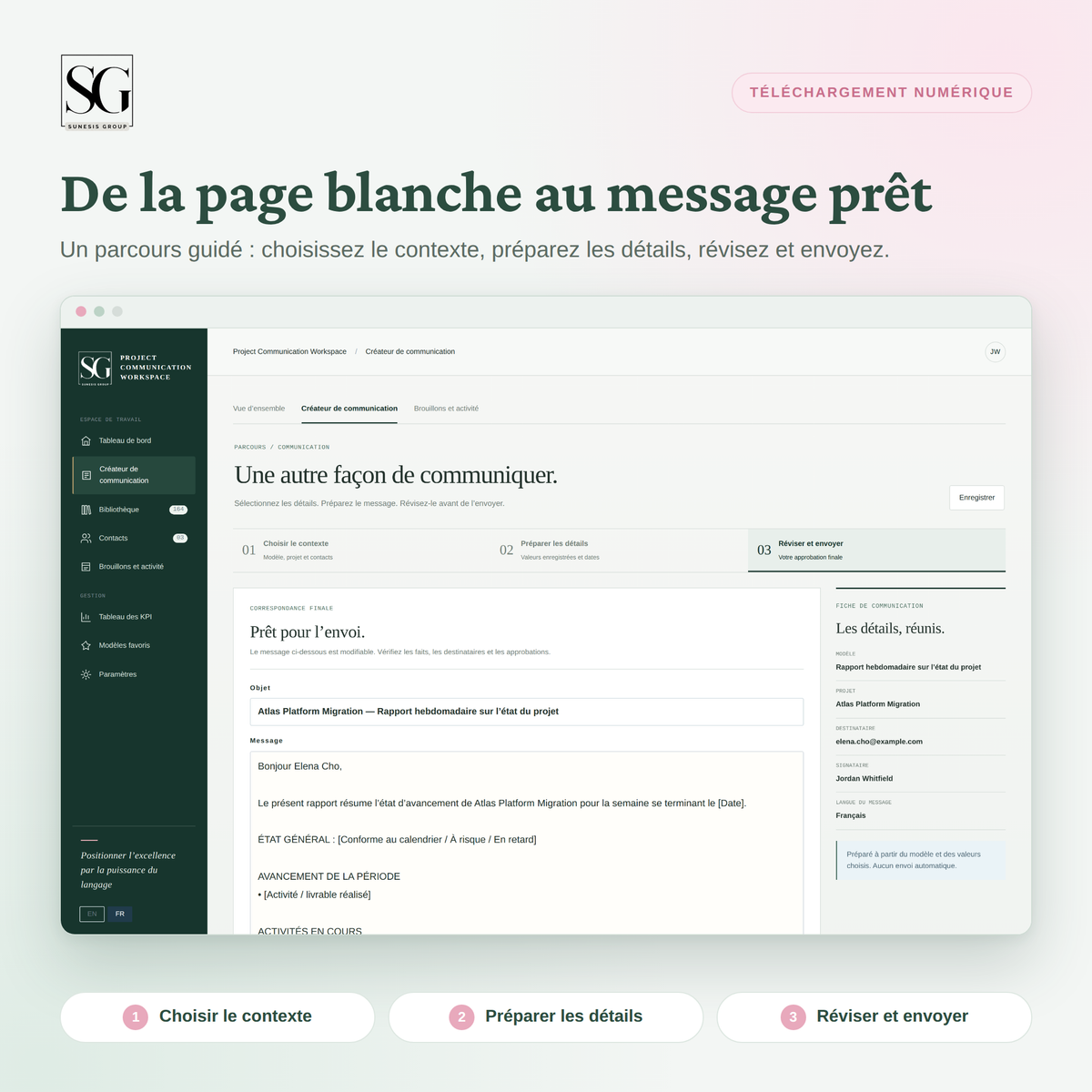 Créateur de communication guidé à l'étape de révision, avec un message rédigé en français prêt à envoyer