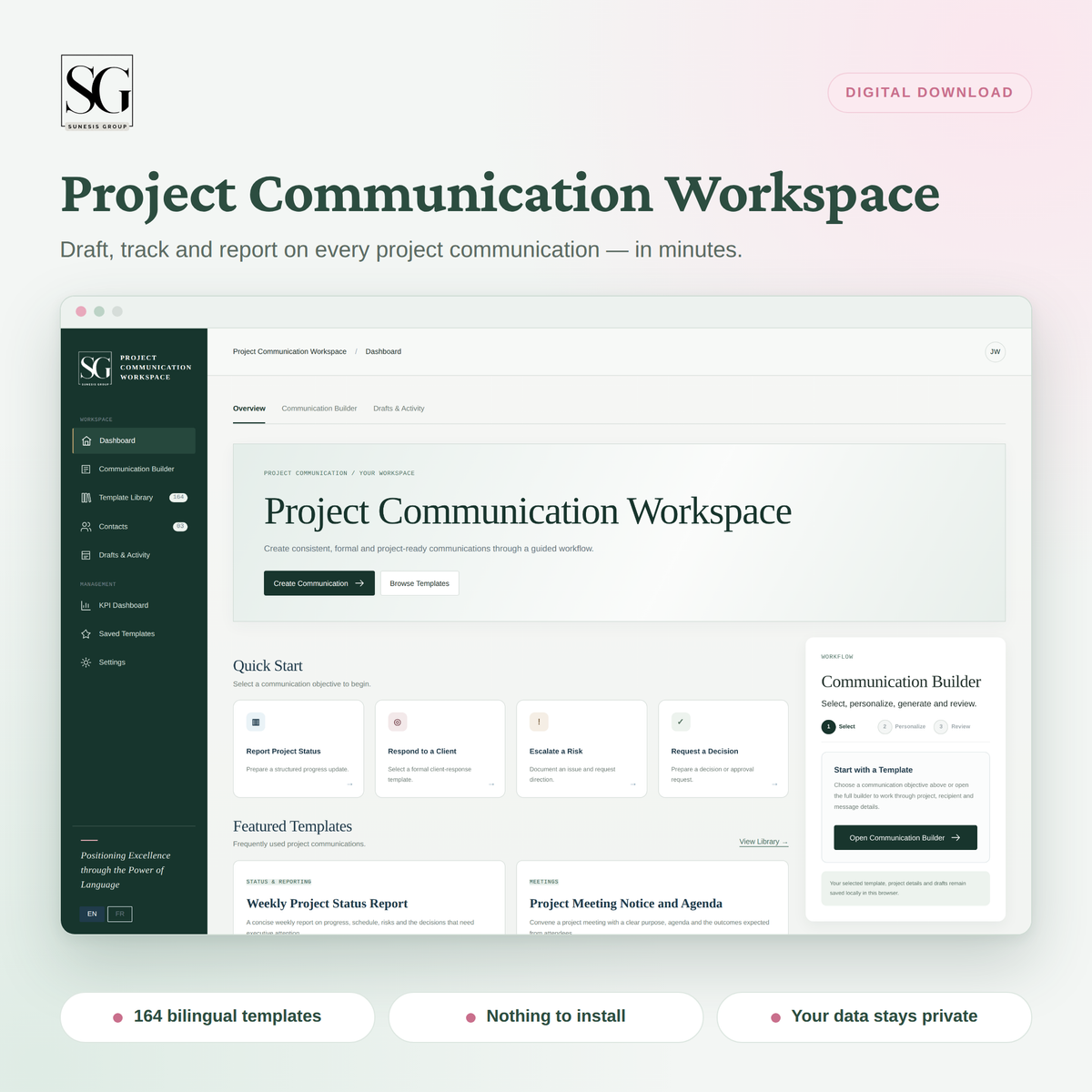 Project Communication Workspace dashboard showing quick-start communication objectives and featured templates