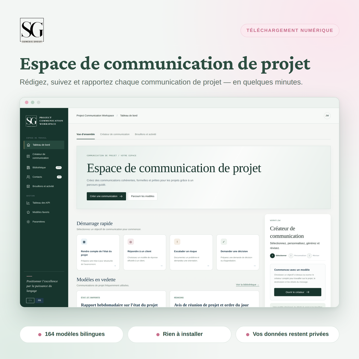 Espace de communication de projet : tableau de bord avec objectifs de communication et modèles en vedette